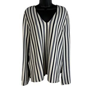 Ann Taylor Striped V Neck Sweater Medium Knit Navy White Long Bell Sleeve Women